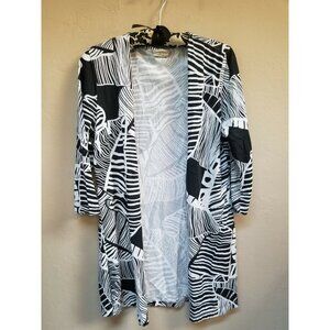 Icantoo Small Black White Leaf Print Open Front Cardigan Sweater 3/4 Sleeve USA